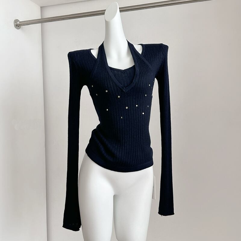 【tops】フェイクレイヤードニットトップス Q7960
