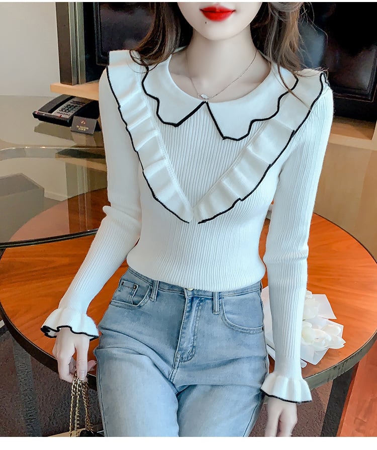 【tops】折り襟フリルニットトップス　M18137