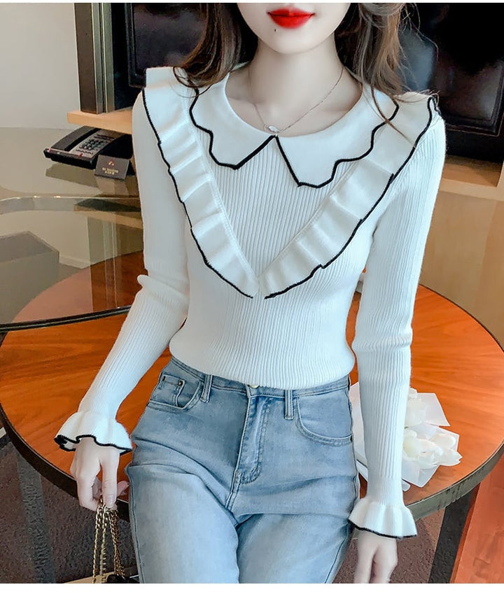 【tops】折り襟フリルニットトップス　M18137