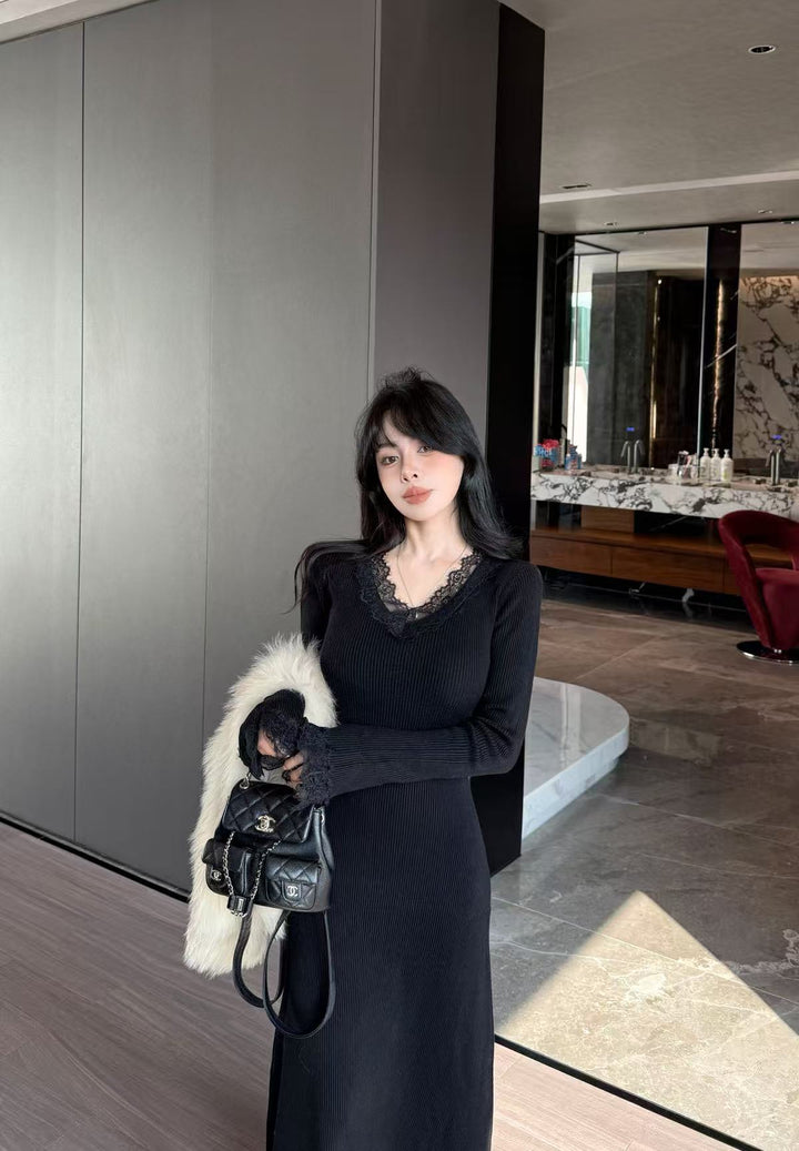 【dress】レースドッキングニットワンピース  K0677