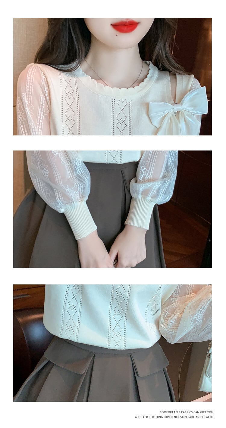 【tops】優しい雰囲気リボン付きレース切り替えトップス　M17185