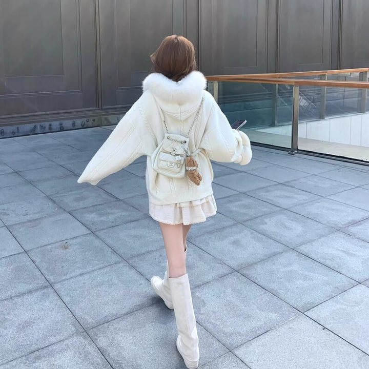 【outer】ファー付きニットカーディガン Q7253
