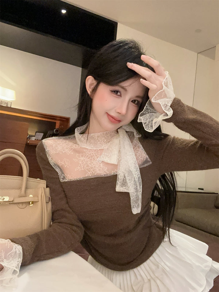 【tops】レースドッキングニットトップス　N2909