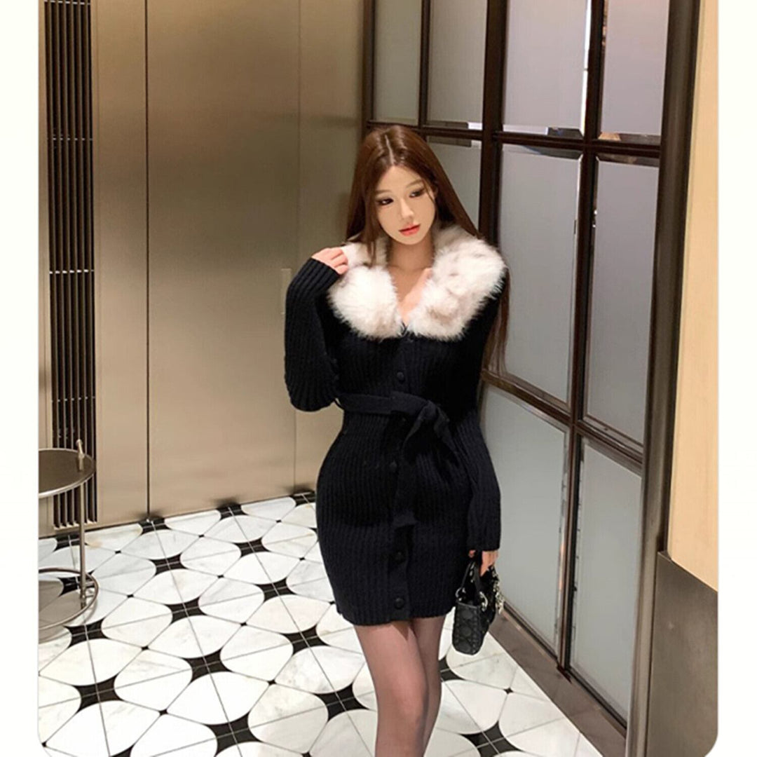 【dress】ファーカラーニットワンピース　N2905