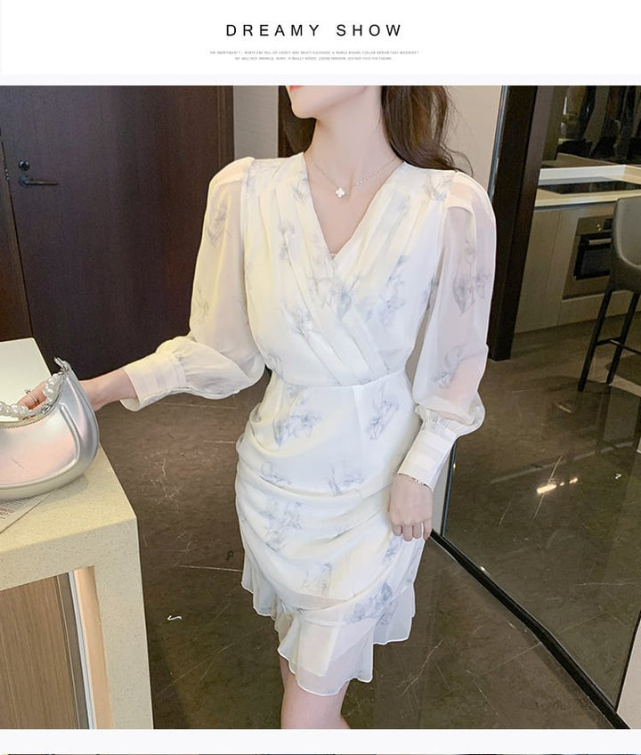 【dress】大人らしい Vネックマーメイド花柄ワンピース　M17259