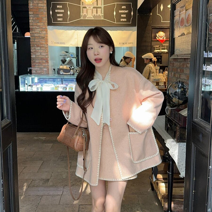 【set】シャツトップス×Vネックコート×スカートセット　M27616