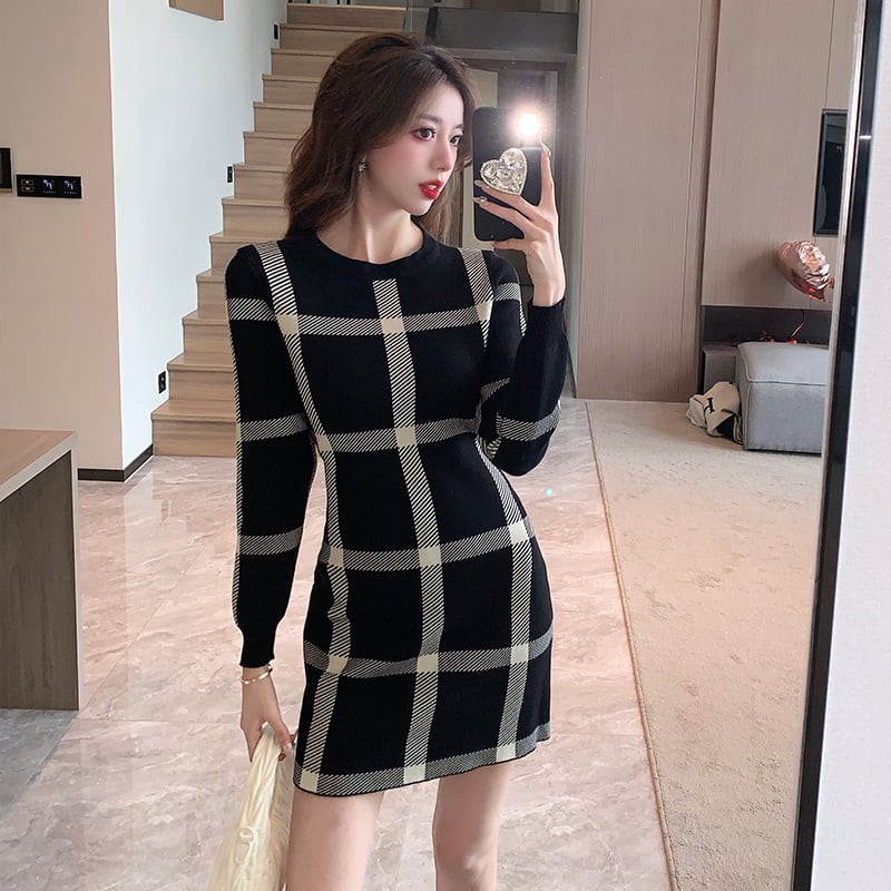 【dress】韓国系チェック柄ニットワンピース着瘦せ　M17626