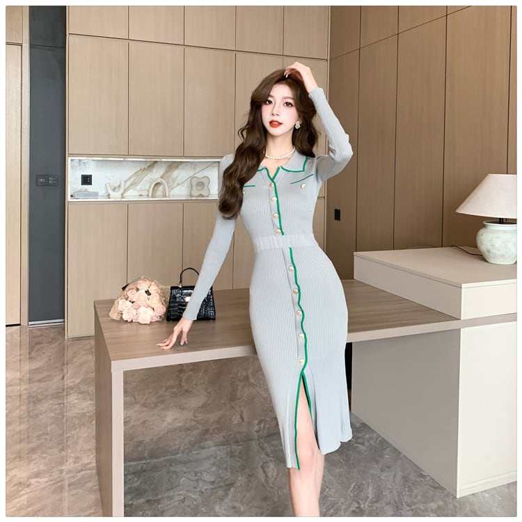 【dress】ボタンデザインニットワンピース　M18294