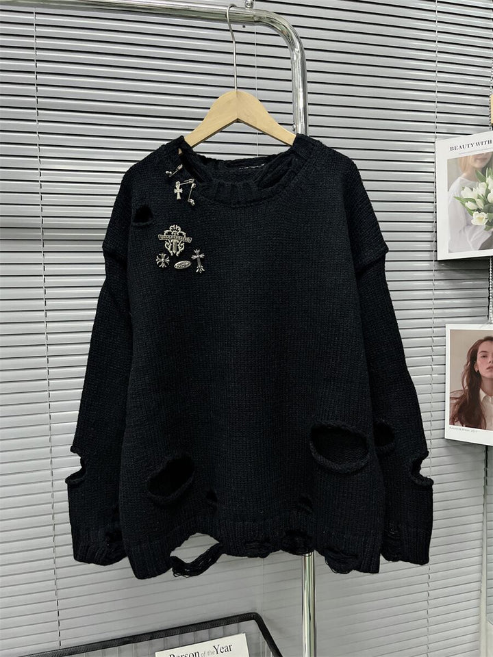 【tops】ダメージ加工ニットセーター　M18470