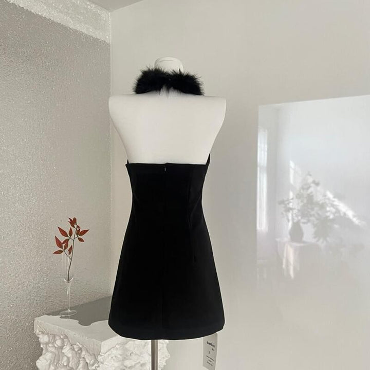 【dress】ファー付きホルターネックワンピース Q7636