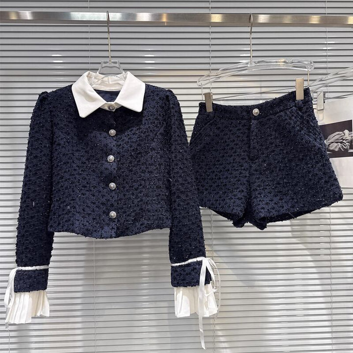 【set】フェイクレイヤードツイードジャケット×ショートパンツセット Q7341