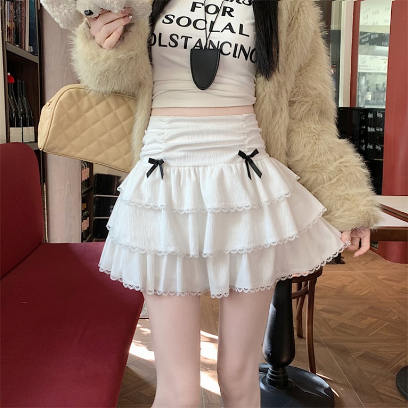 【bottoms】リボン付きレース切り替えスカート　M28257