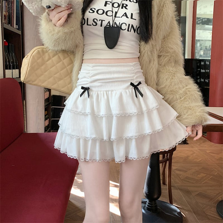 【bottoms】リボン付きレース切り替えスカート　M28257