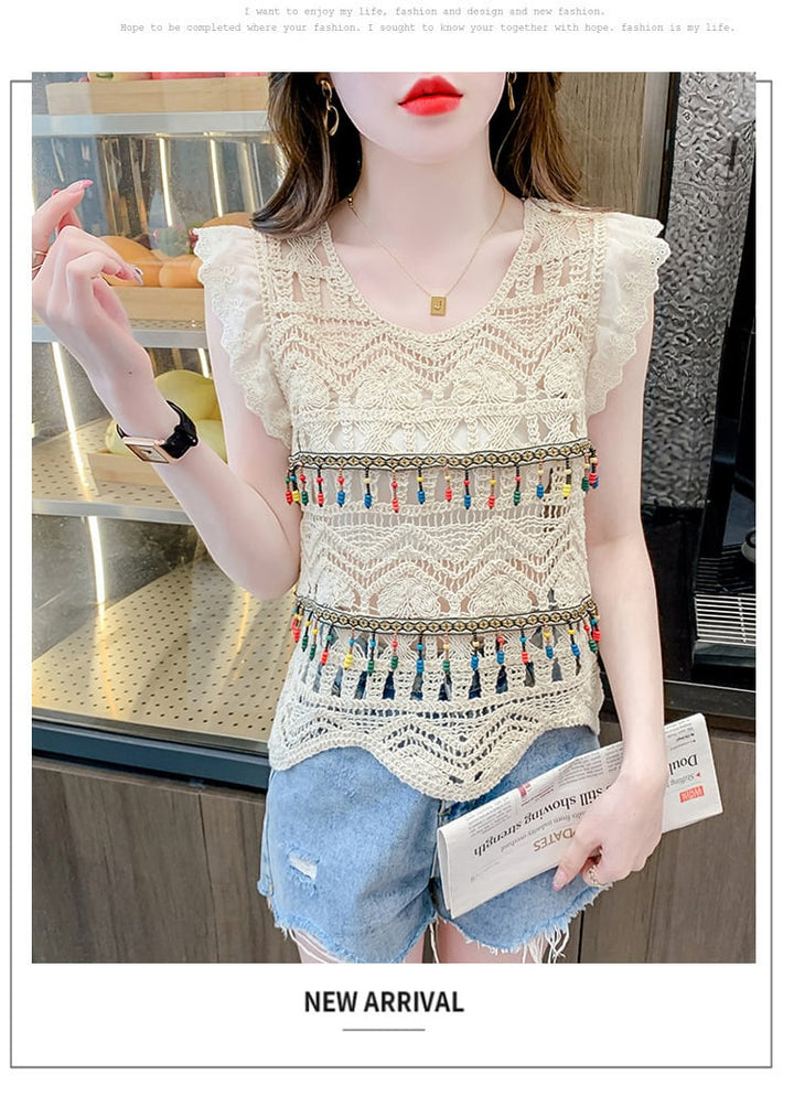 【tops】大人可愛いカットワークノースリーブトップス　M17059
