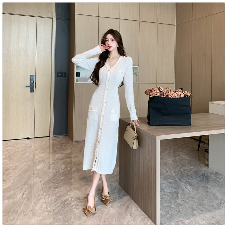 【dress】Vネックボタンデザインニットワンピース　M17919