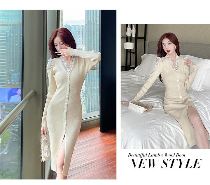 【dress】韓国系レース切り替えニットワンピース　M17631