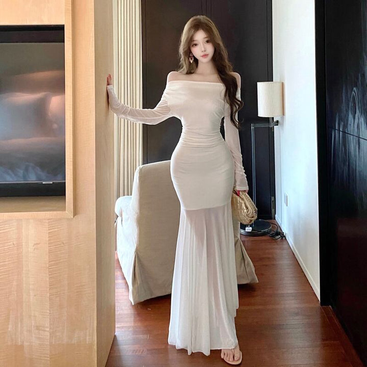【dress】オフショルダーチュールドッキングワンピース Q7885