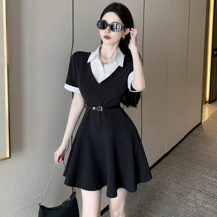 【dress】POLOネック切り替えワンピースベルト付き　M17173