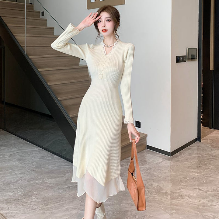 【dress】Vネックニットワンピース　M18320