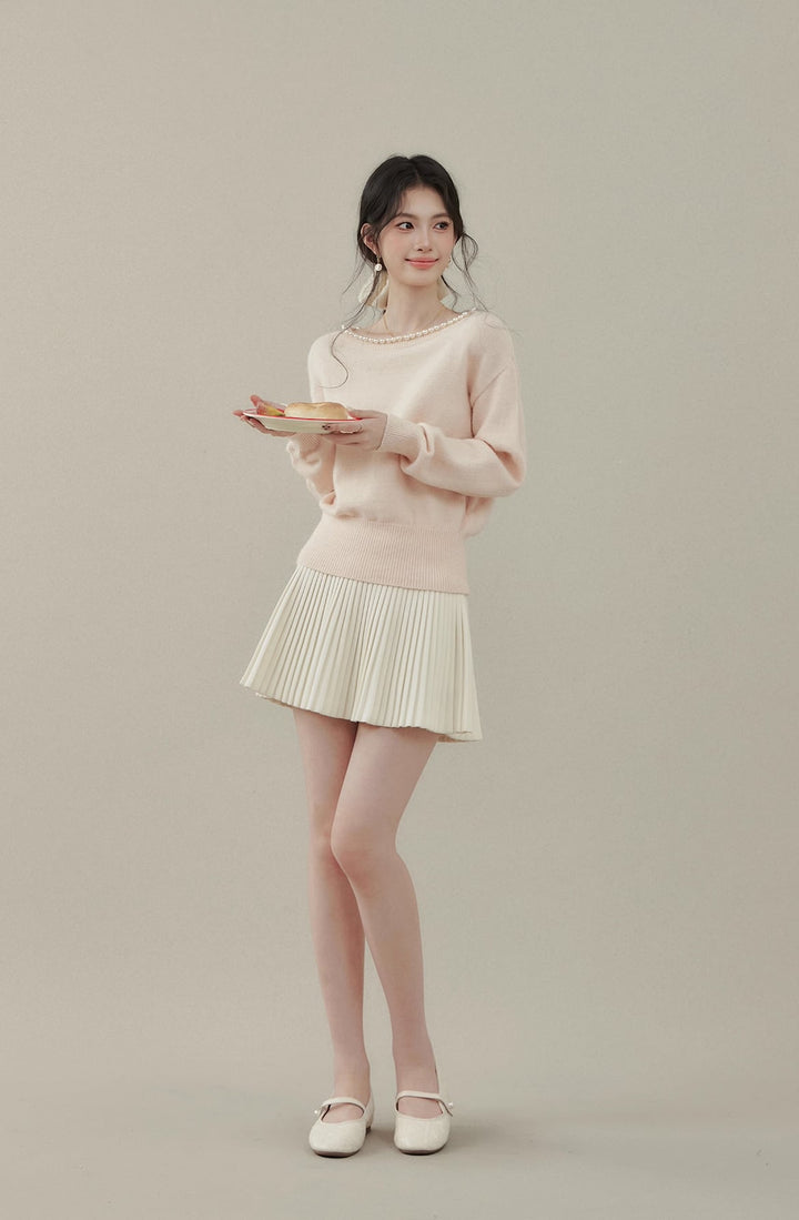【tops】パール付きニットトップス Q7593