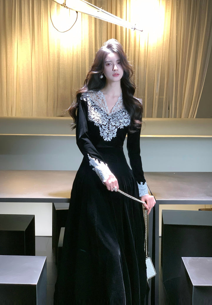 【dress】レーストリミングベロアワンピース　N3476