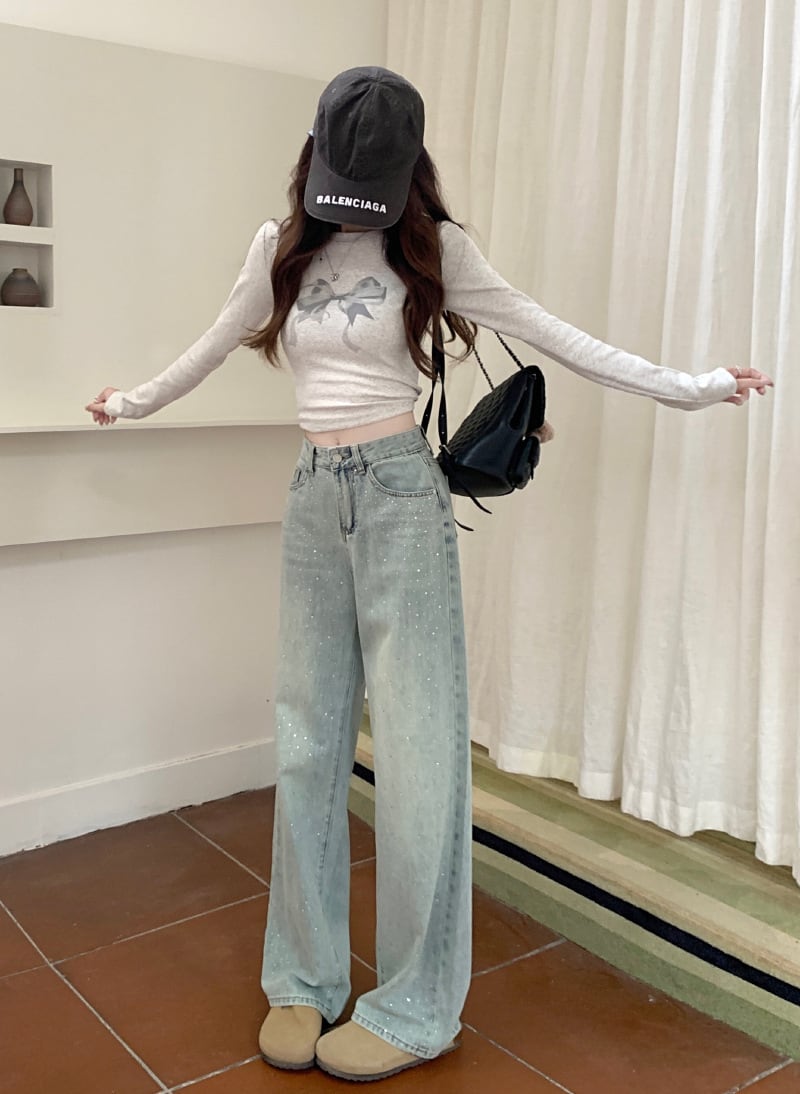 【bottoms】ビジューデニムワイドパンツ　M29790