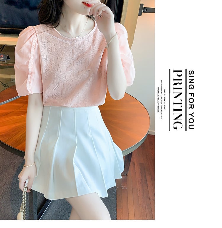 【tops】パフスリーブジャカードカットワークトップス　M17126