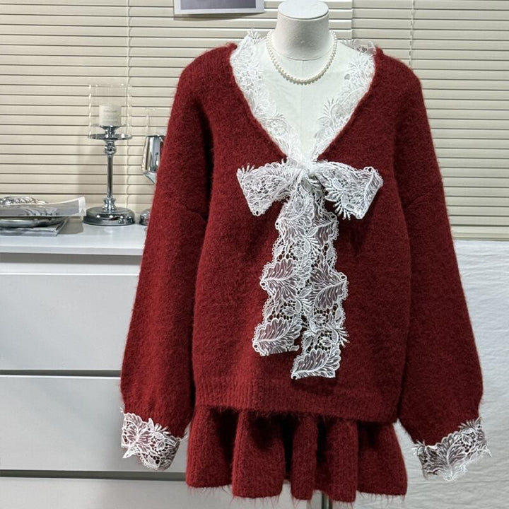 【set】レースドッキングニットトップス×ミニスカートセット Q7827