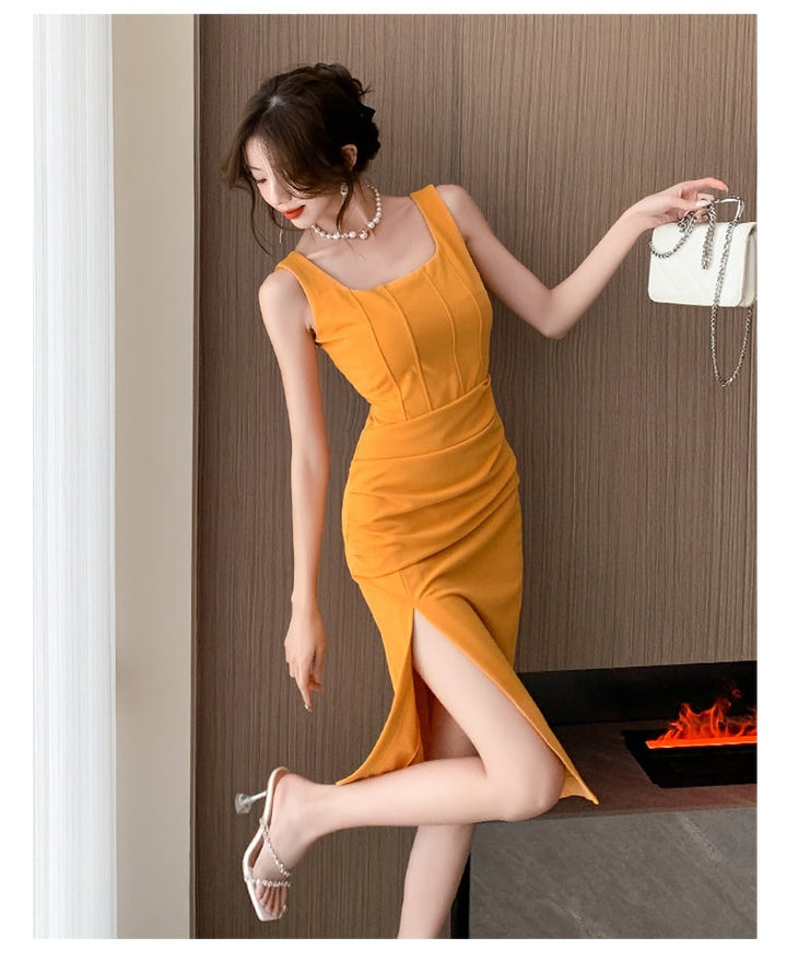 【dress】韓国系エレガントスリットキャミワンピース　M17097