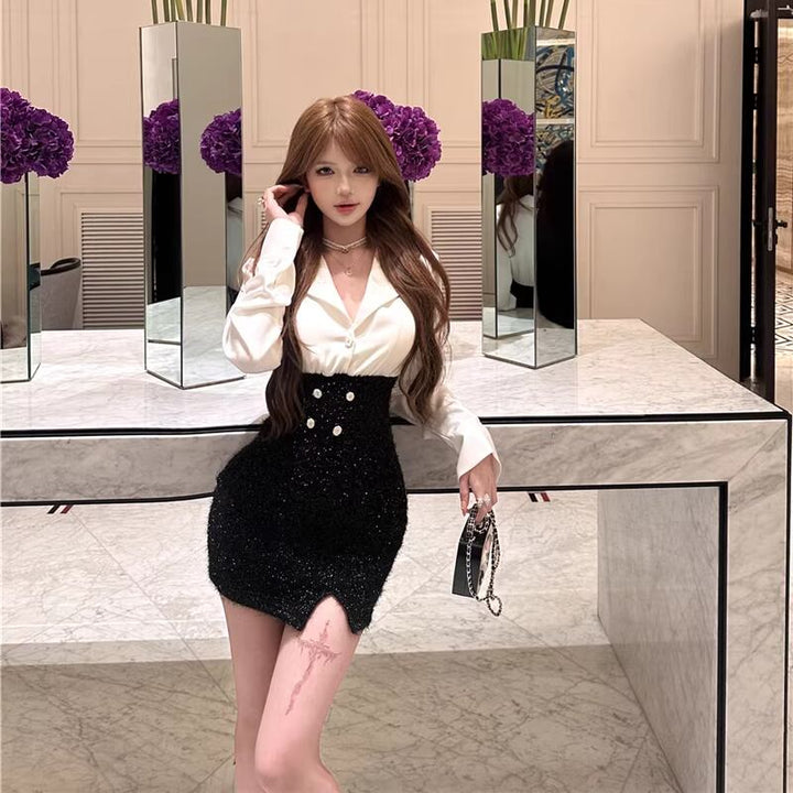 【dress】シャツドッキングタイトワンピース Q7844