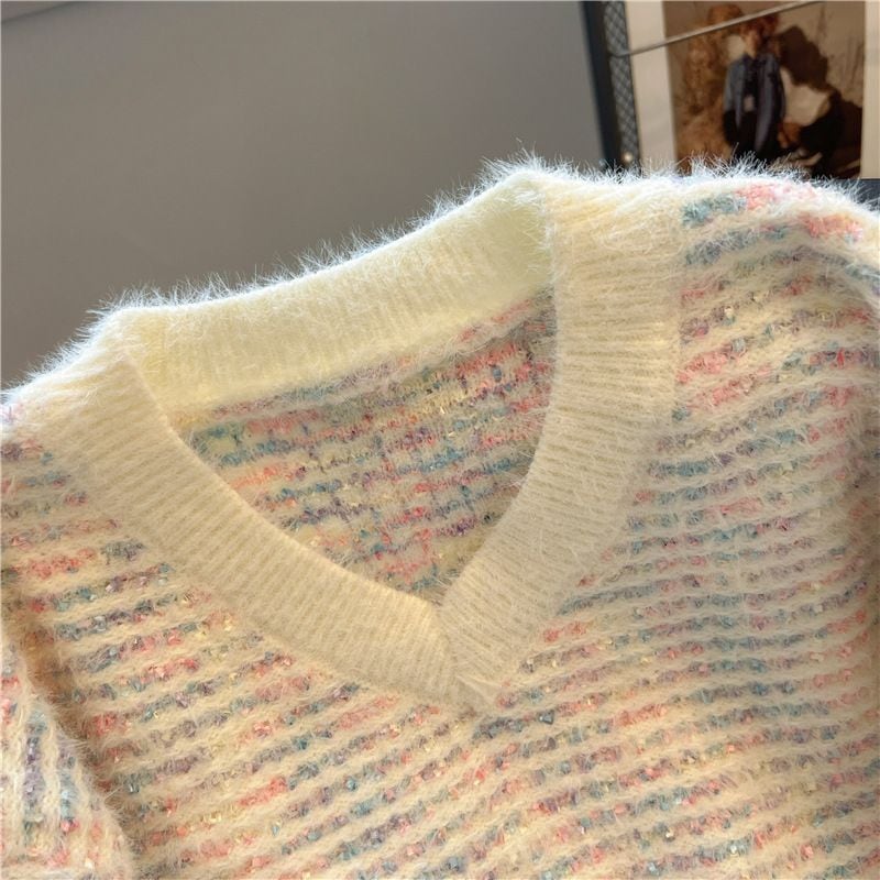 【tops】Vネックキラキラニットセーター　M18001