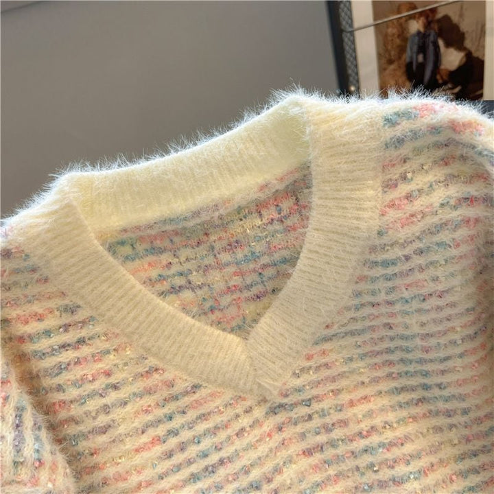 【tops】Vネックキラキラニットセーター　M18001