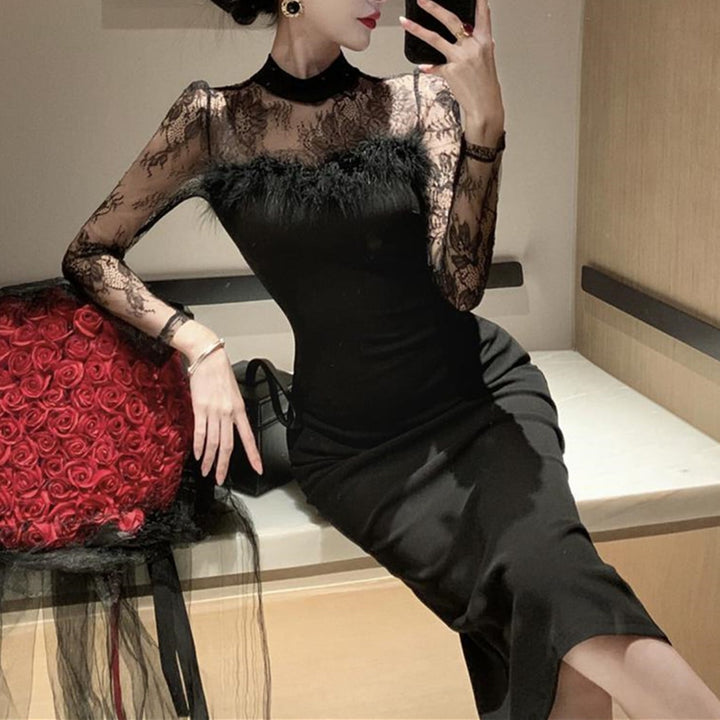 【dress】透け感フェイクファーデートワンピース　N2397