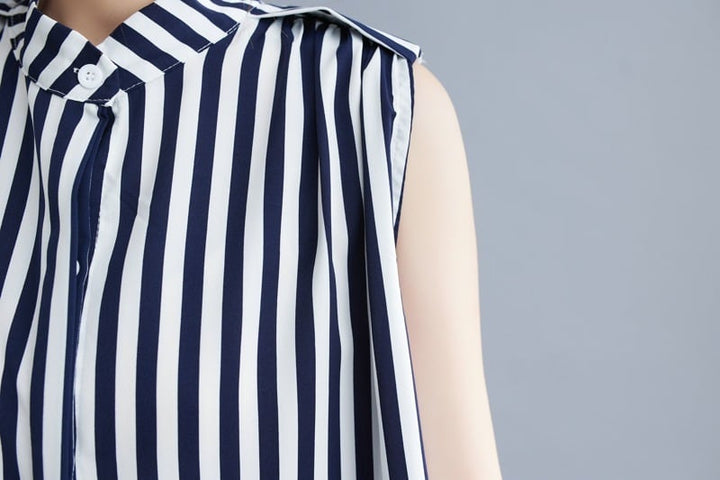 【dress】韓国系ストライプ柄ノースリーブワンピース　M16946
