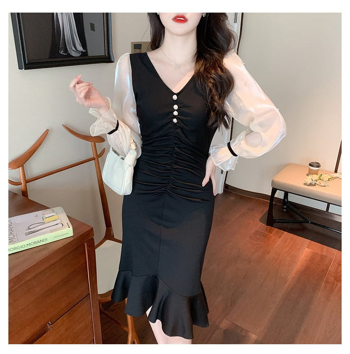 【dress】高級感 エレガントオシャレ切り替えワンピース　M17480