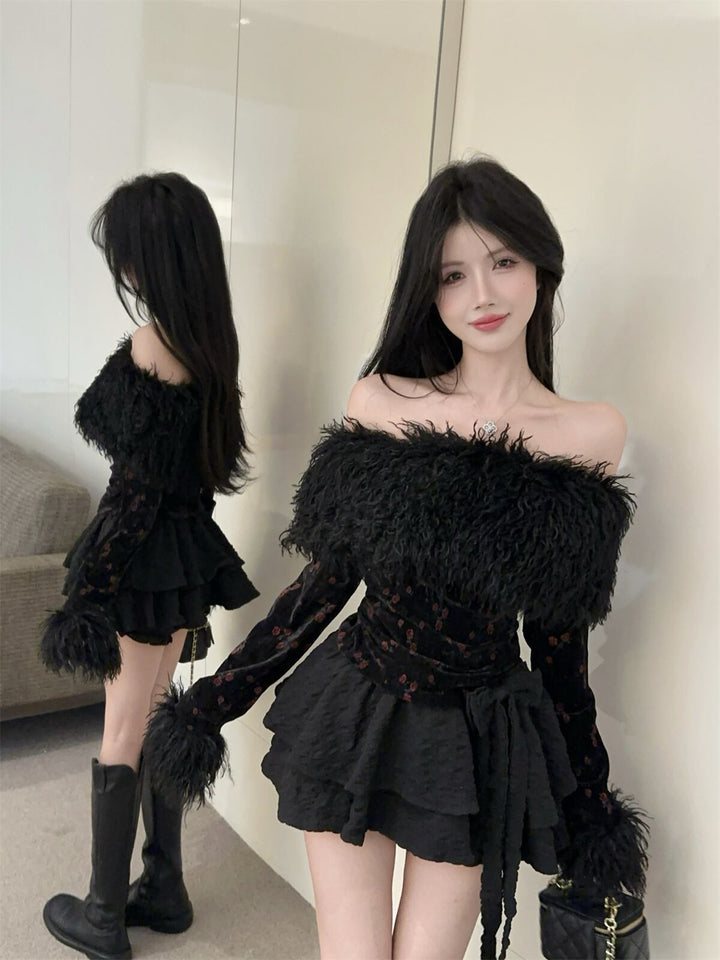 【set】ファードッキング花柄オフショルダー裹起毛トップス×リボン付きスカートセット　M28464