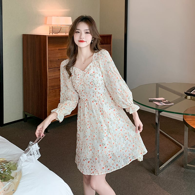 【dress】パフスリーブスウィート花柄ワンピース　M17075