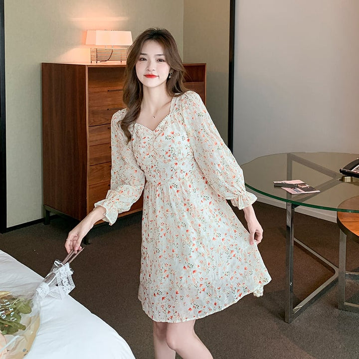 【dress】パフスリーブスウィート花柄ワンピース　M17075
