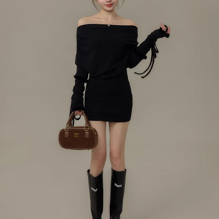 【dress】ファー付きオフショルダーニットワンピース Q7730