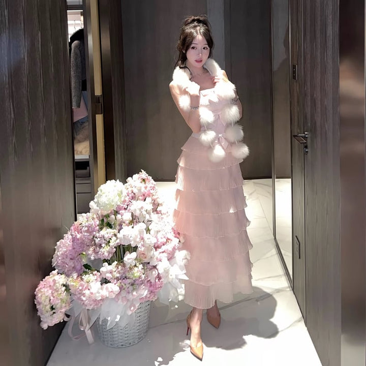 【dress】リボン付きティアードキャミワンピース Q7679