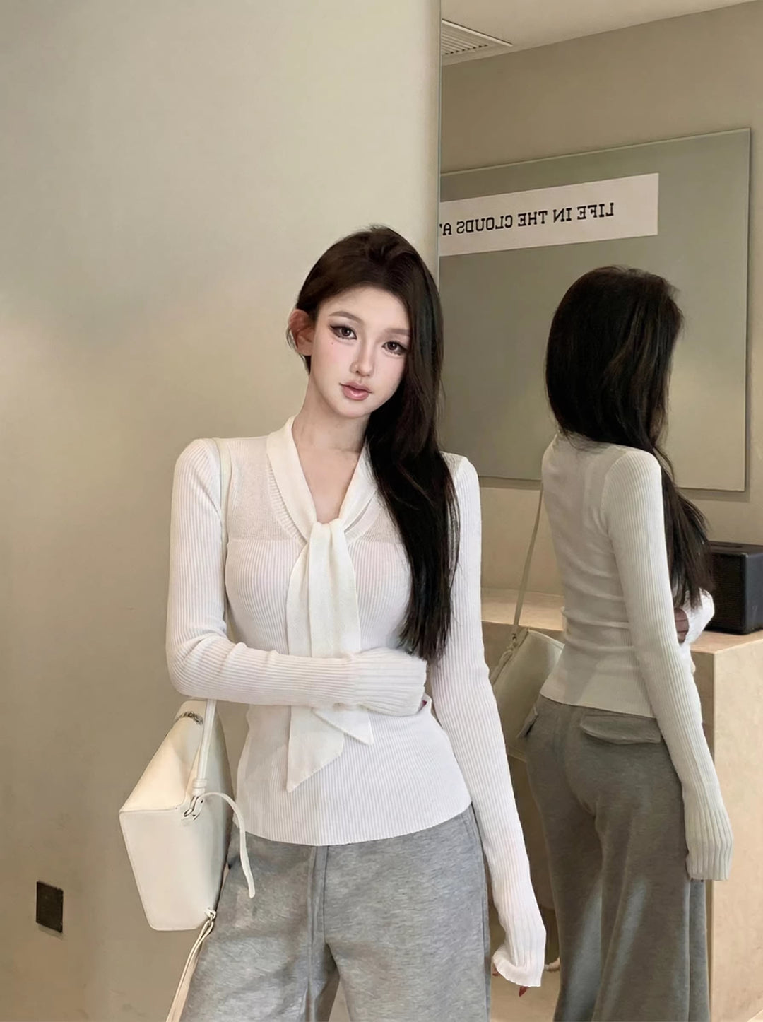 【tops】スカーフネックニットトップス Q8044