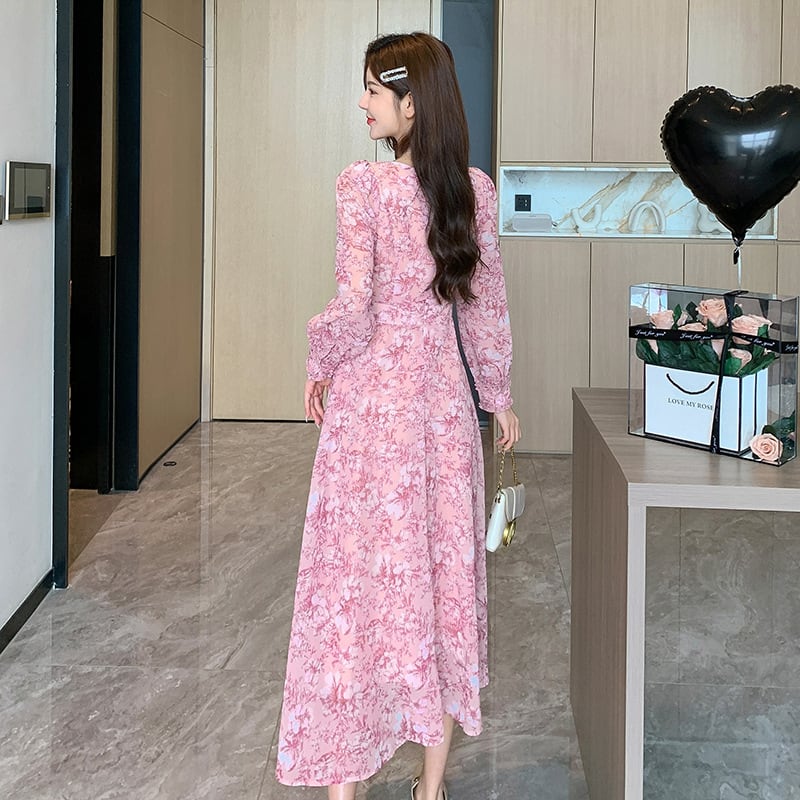 【dress】細身効果抜群♪Vネックスウィート花柄ワンピース　M17257