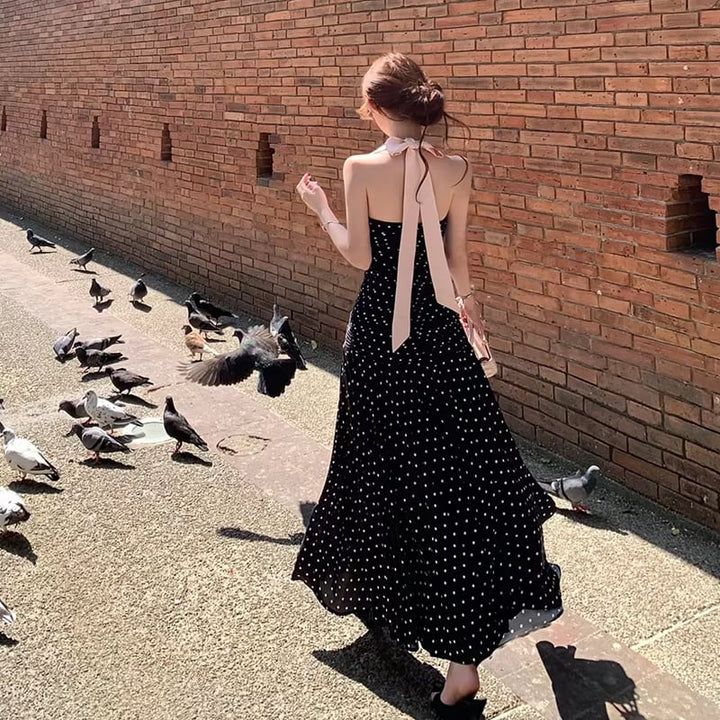 【dress】ドット柄リボン付きロングワンピース Q8374