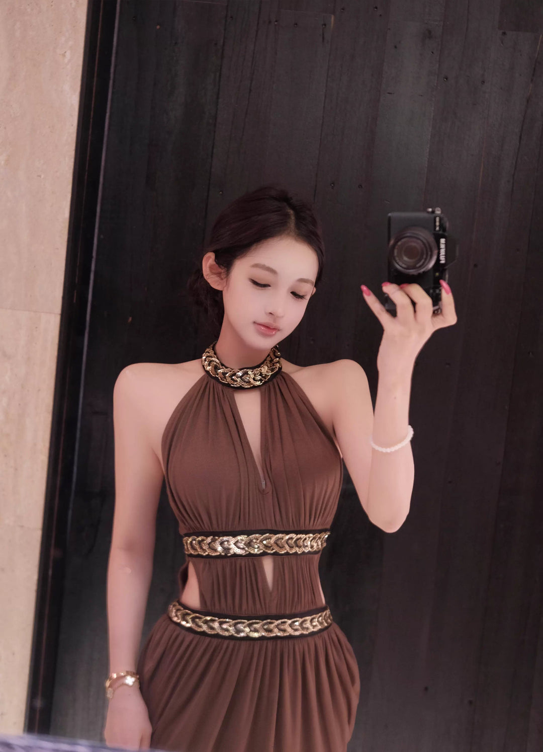 【dress】ホルターネックサイドカットロングワンピース Q8293
