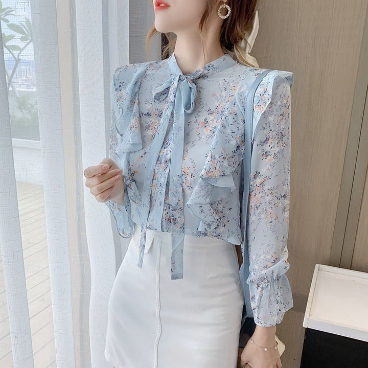【tops】フリル花柄シャツトップス　M18310