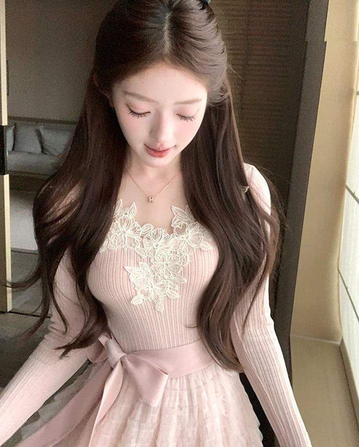 【dress】レース付きニットドッキングチュールワンピース Q7646