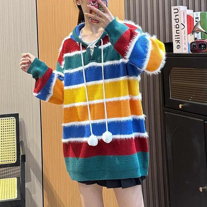 【tops】ボーダー柄フード付きニットセーター　M18054