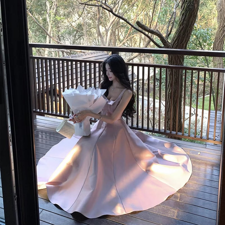 【dress】リボン付きフレアロングキャミワンピース Q8380