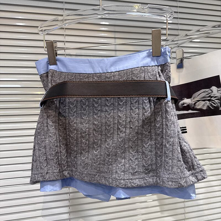 【set】ネクタイ付きシャツ×ニットトップス×フェイクレイヤードスカート3点セット Q7369
