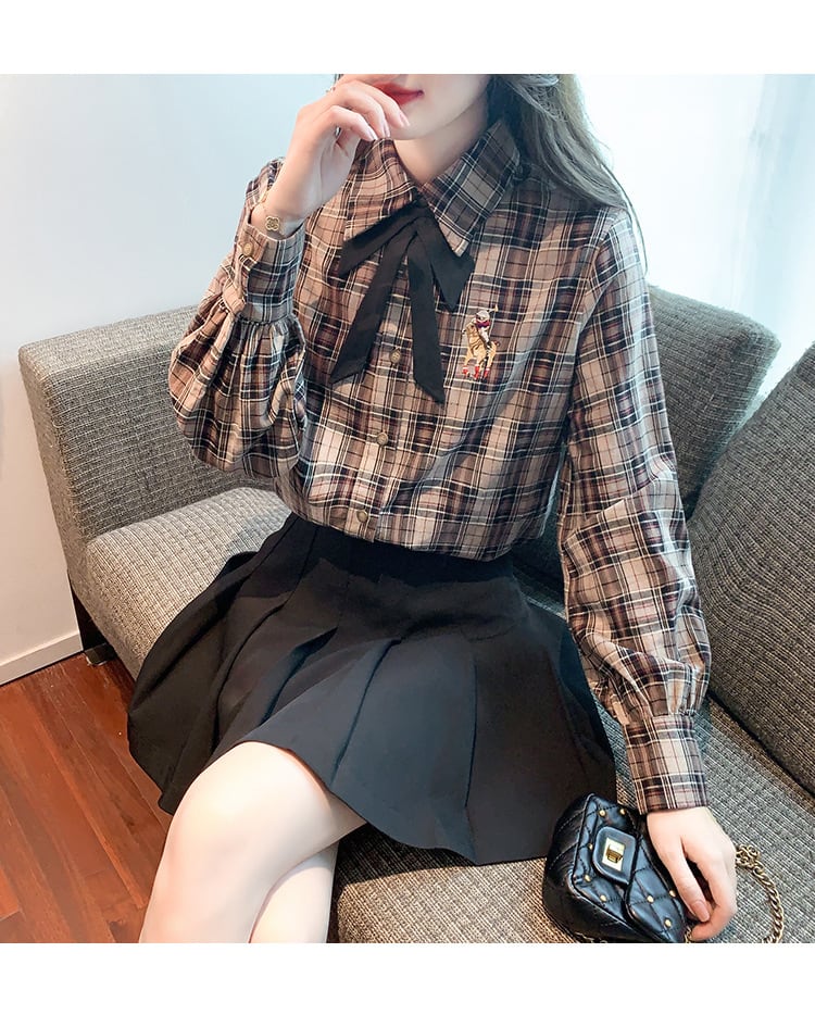 【tops】気質満点大人可愛いリボン付きチェック柄シャツ　M17329
